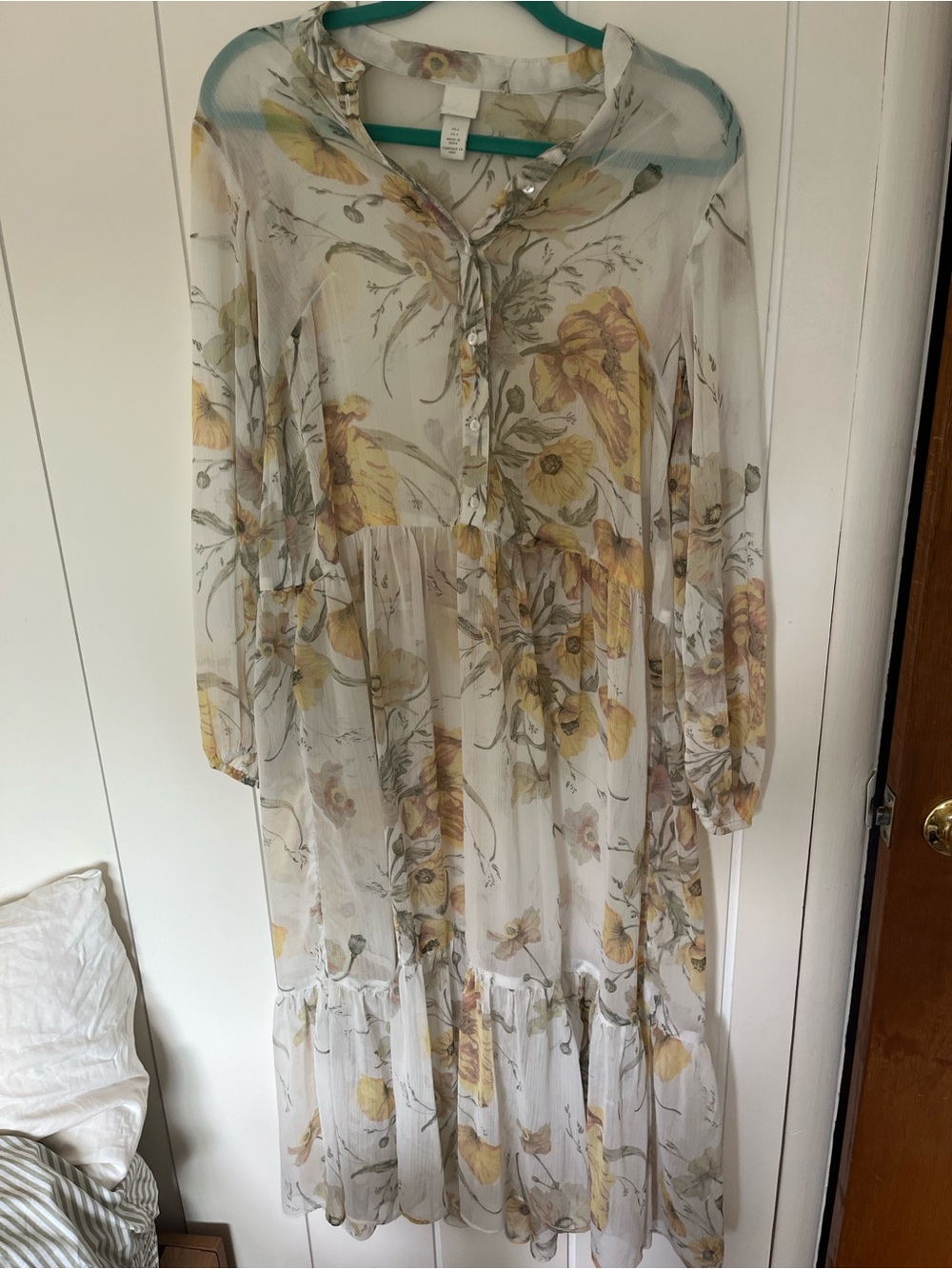 H&M Sheer Floral Long-Sleeve Midi Dress in Yellow and Cream